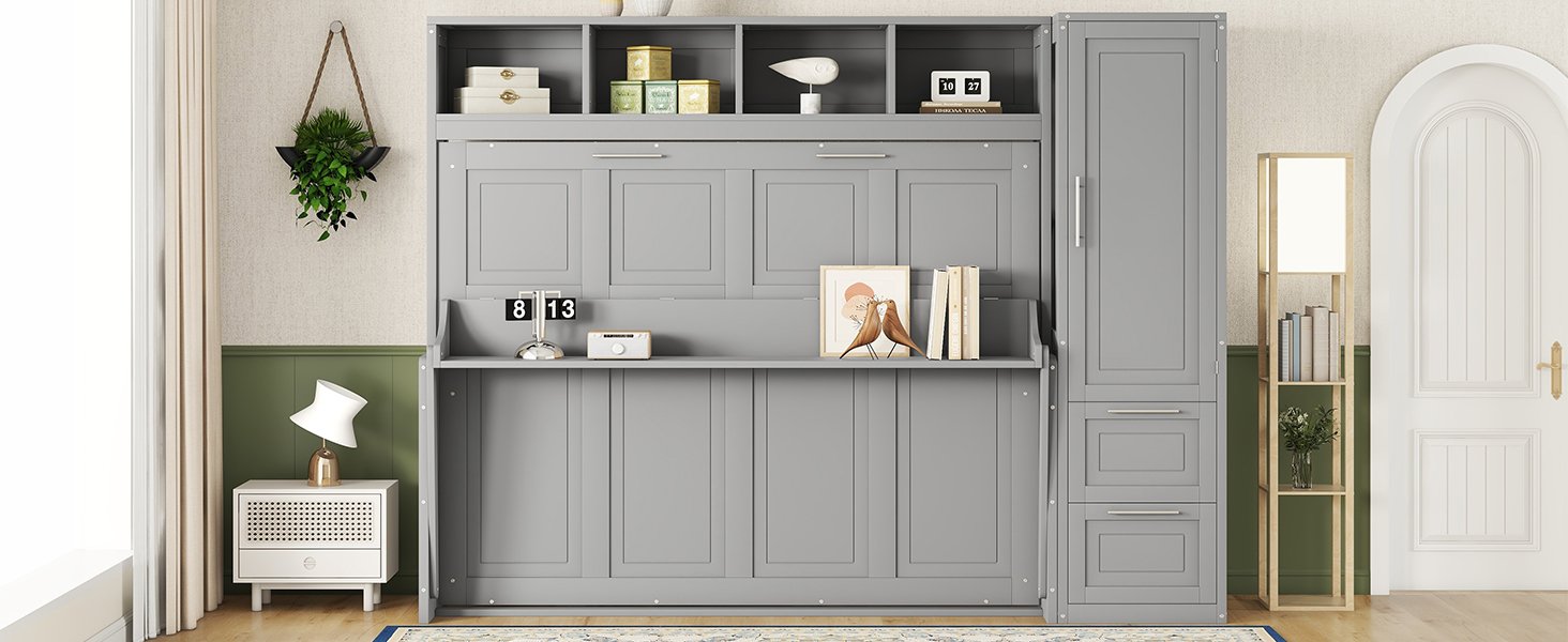 Queen Size Murphy Wall Bed With Closet And Drawers - Gray - Image 23