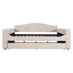 Full Size Upholstered Daybed With Storage Armrests, Trundle And Latest Integrated Bluetooth Audio System, Teddy Fleece - Beige