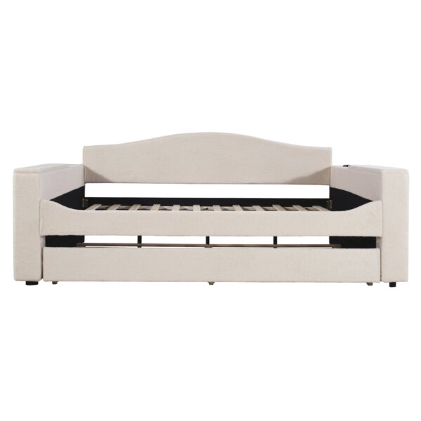Full Size Upholstered Daybed With Storage Armrests, Trundle And Latest Integrated Bluetooth Audio System, Teddy Fleece - Beige