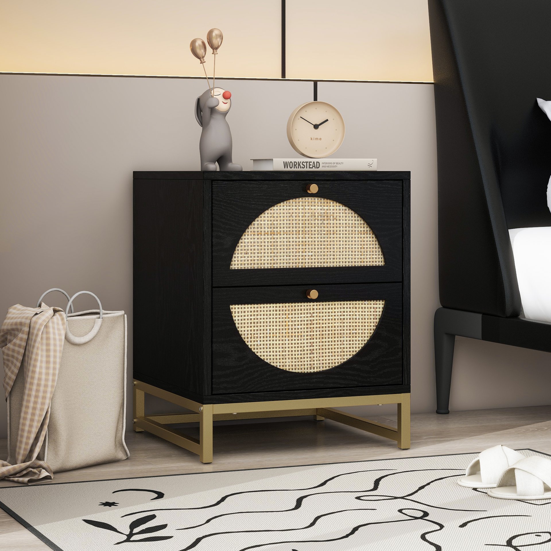 Allen - 2 Drawer Side Table, Display Rack For Bedroom And Living Room, Nightstand Side Table Bedroom Storage Drawer Bedside End Table - Black / Beige - Image 5
