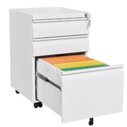 Modern 3 Drawer Mobile Filing Cabinet With Lock, Metal Office Storage, Legal / Letter Size - White