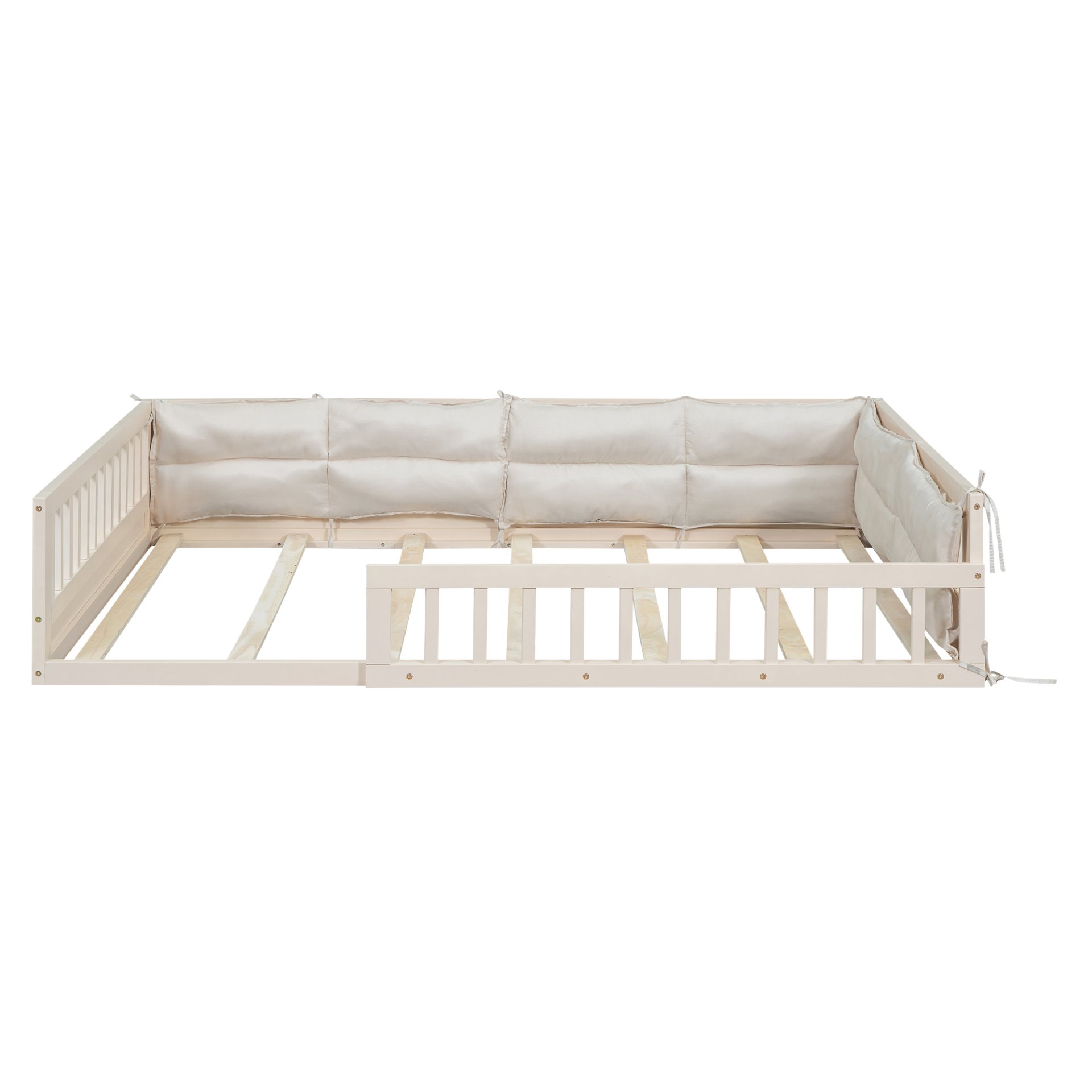 Wood Full Size Upholstered Platform Bed With Guardrail And Pillow - Beige - Image 8