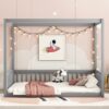 Full Size Canopy Frame Floor Bed With Fence, Guardrails - Gray - Image 3