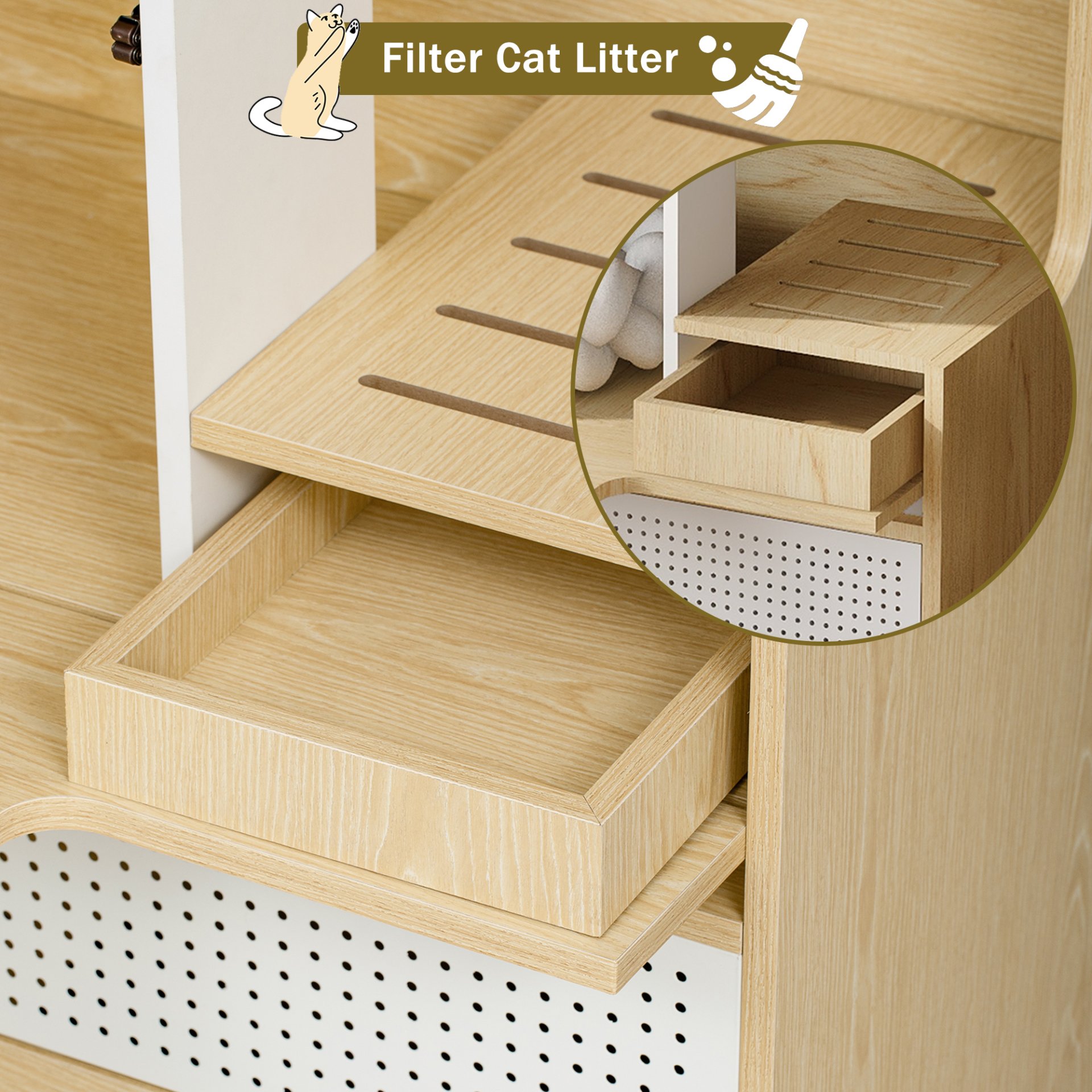 Furniture Style Multi Use Natural Cat Litter Box House With Flip Down Door - Natural - Image 7