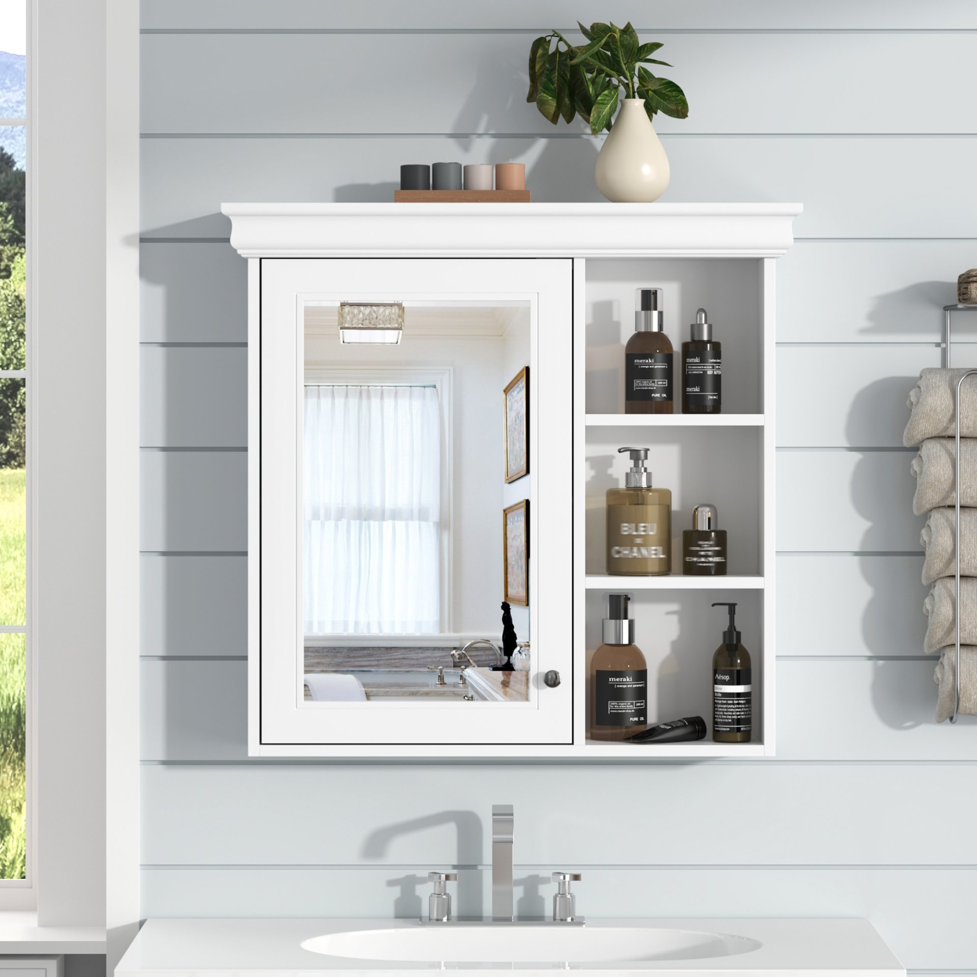 Bathroom Medicine Cabinet With Mirror, Wall Mounted Mirror Cabinet & Storage Organizer, Over The Toilet Storage White Storage Cabinet For Bathroom - White - Image 3