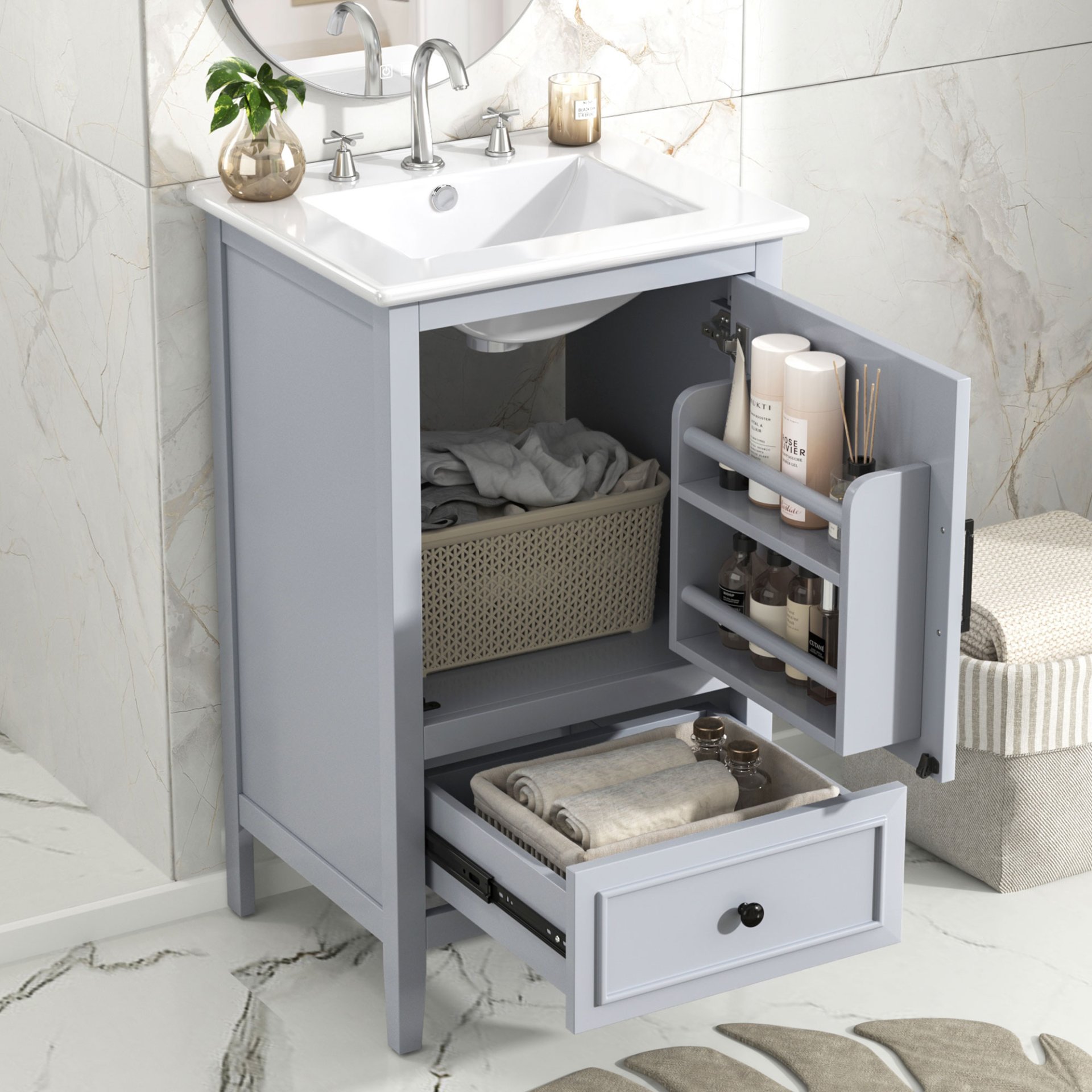 20" Bathroom Vanity With Sink, Bathroom Cabinet With A Door, Door Shelf Storage And Adiustable Foot Pads, A Drawer - Gray - Image 4