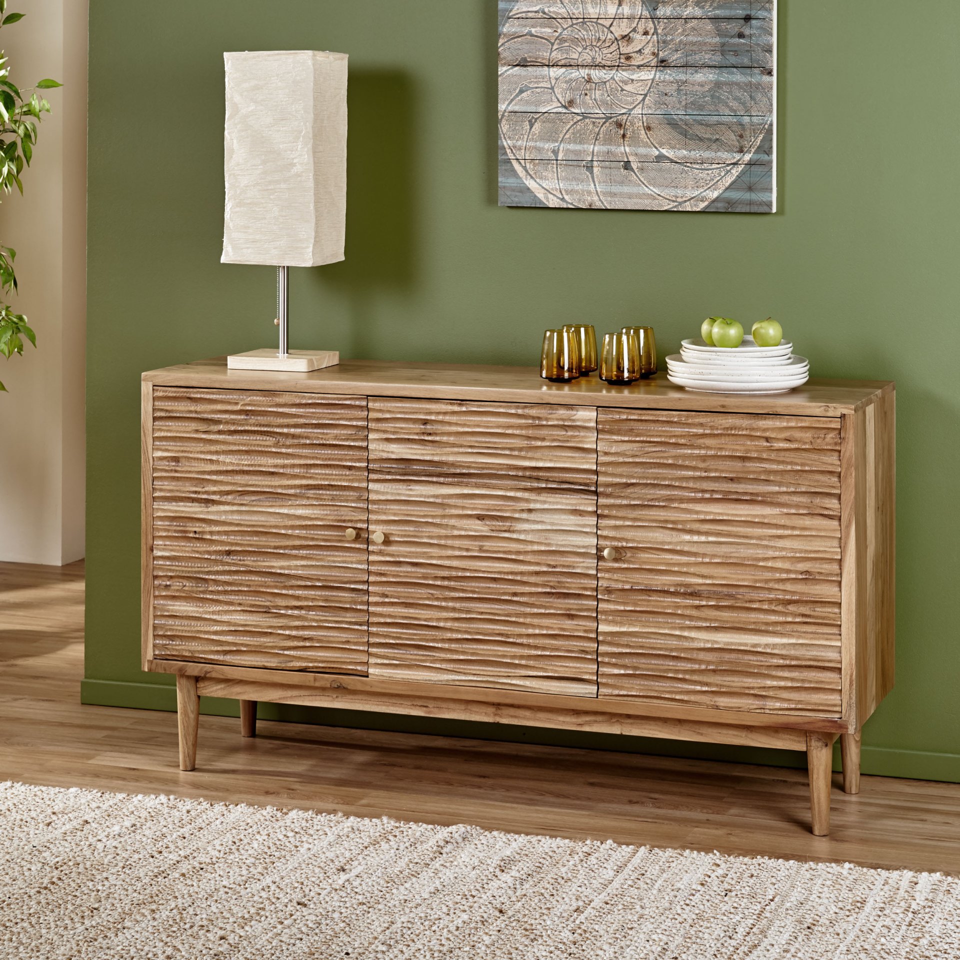 Boho Handcrafted 3 Door Sideboard, Carved Texture & Artisanal Charm - Natural - Image 5