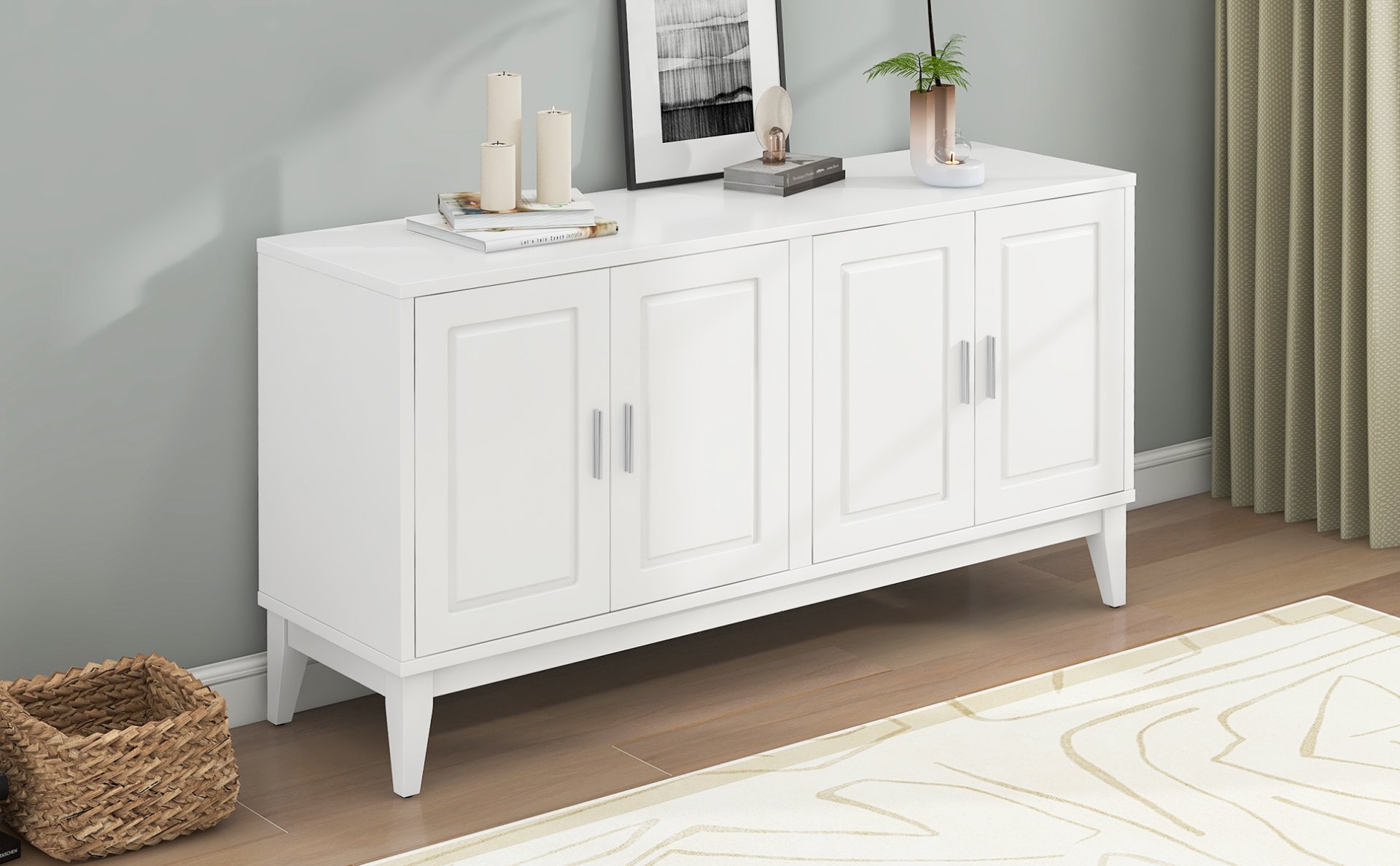 4 Door Sideboard Storage Cabinet With Door Shelf For Living Room And Dining Room, 2 Large Cabinets With Adjustable Shelf - White - Image 27