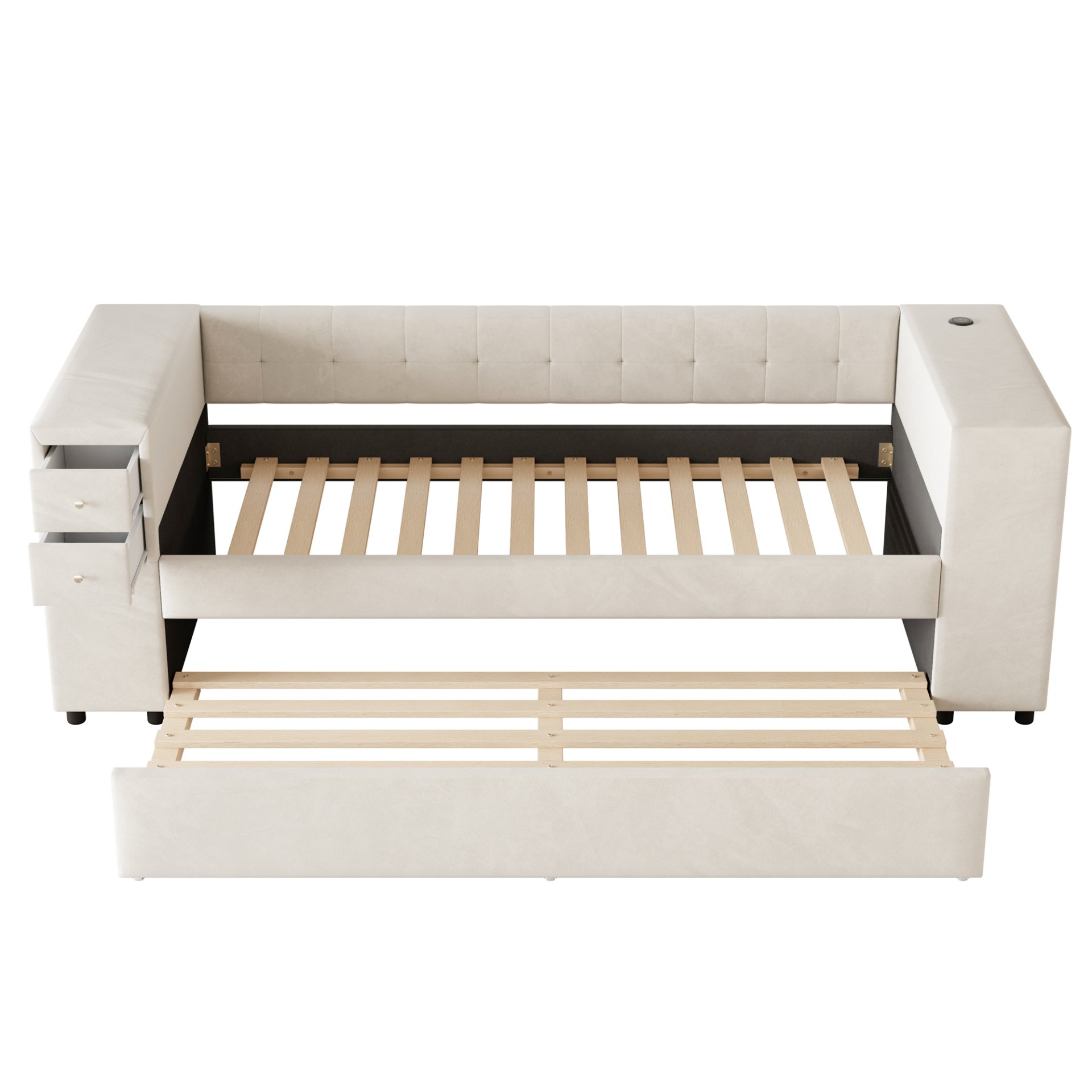 Twin Upholstered Bed With Storage And Twin Trundle, USB Charging Ports - Beige - Image 7