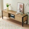 Rattan TV Cabinet With Variable Color Light Strip, Double Sliding Doors For Storage, Adjustable Shelf, Metal Legs, TV Console For Living Room - Natural - Image 4