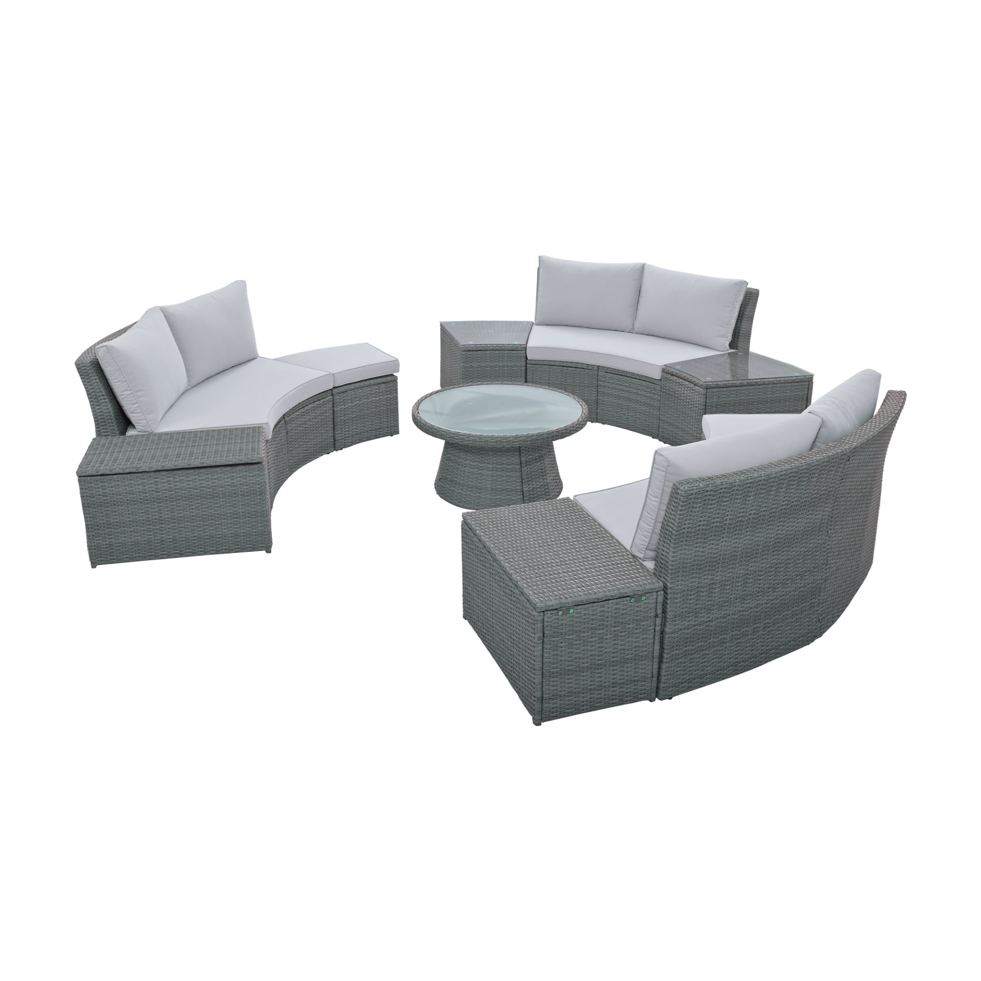 10 Piece Outdoor Sectional Half Round Patio Rattan Sofa Set, Wicker Conversation Furniture Set For Free Combination - Light Gray - Image 12