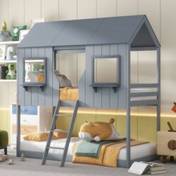 Twin Over Twin Bunk Bed With Roof, Window, Guardrail, Ladder - Gray