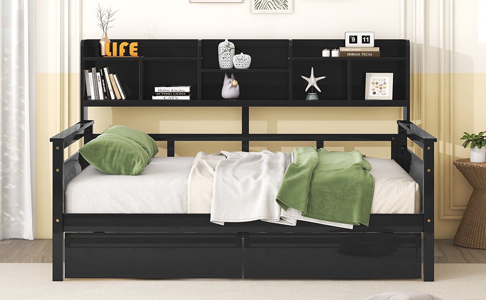 Full Size Daybed, Slat Support, With Bedside Shelf And Two Drawers - Espresso - Image 14
