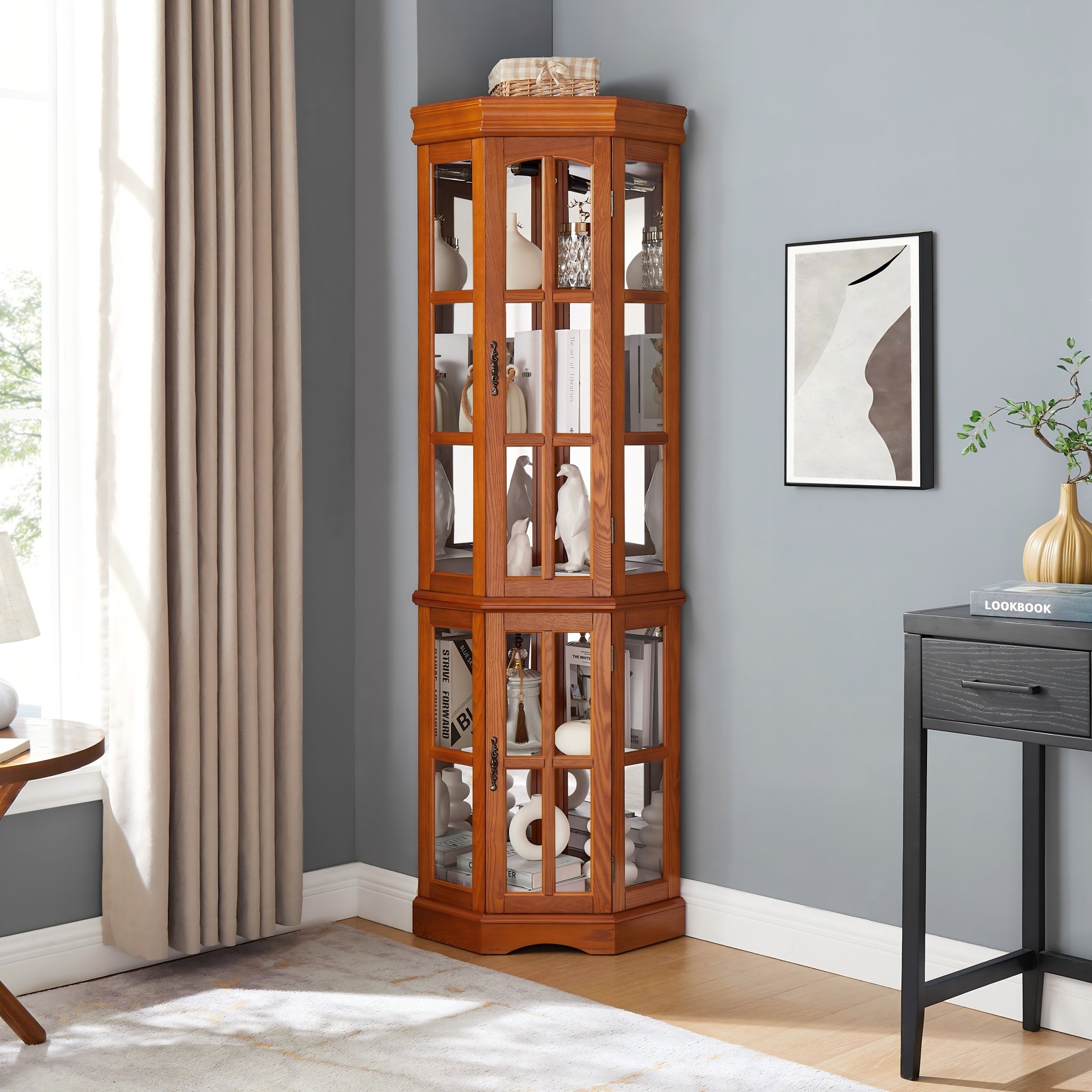 Corner Curio Cabinet With 5 Shelves And Lighting System (E26 Light Bulb Not Included) - Oak - Image 18