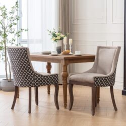 Ultra Side Dining Chair, Thickened Fabric Chairs With Neutrally Toned Solid Wood Legs, Bronze Nail Head, (Set of 2) - Beige / Patterned