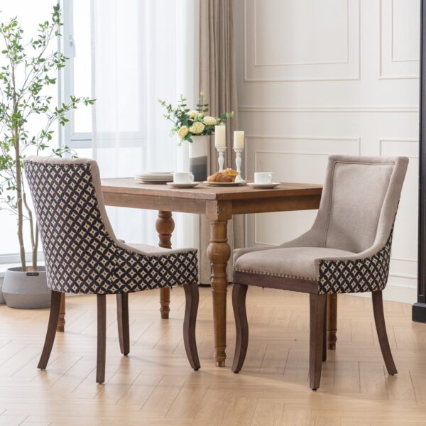 Ultra Side Dining Chair, Thickened Fabric Chairs With Neutrally Toned Solid Wood Legs, Bronze Nail Head, (Set of 2) - Beige / Patterned