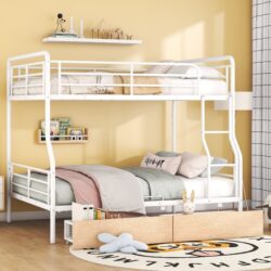 Full Long Over Queen Bunk Bed With 2 Drawers - White