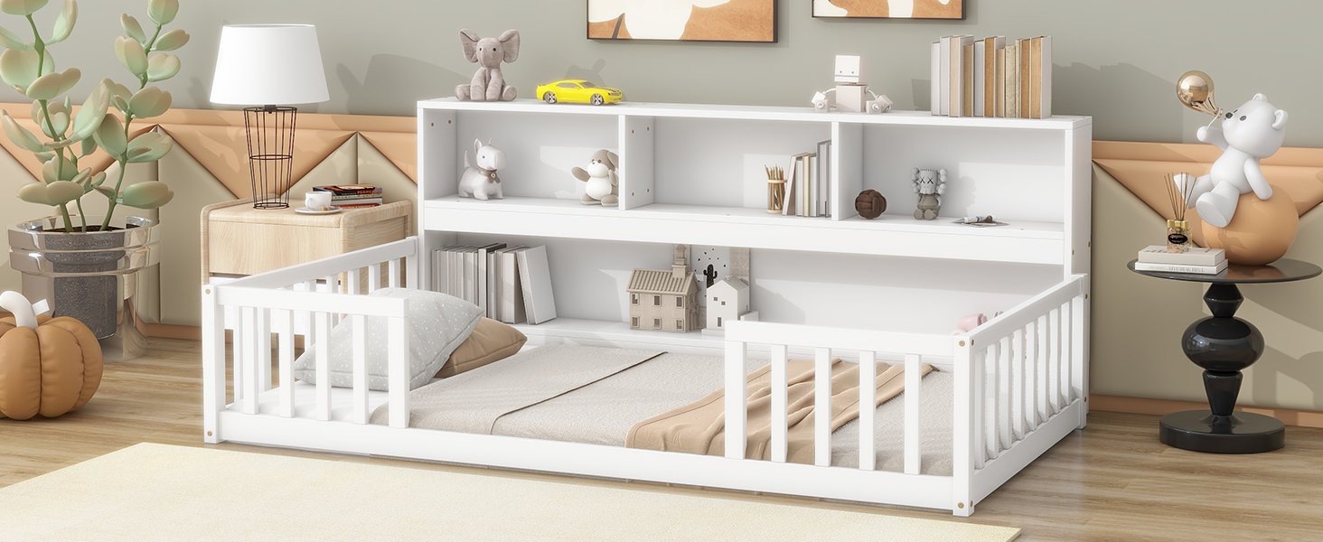 Twin Floor Bed With Bedside Bookcase, Shelves, Guardrails - White - Image 7