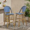 Outdoor Rattan French Barstool Set,, Bamboo, Seat Height - Teal Blue / White - Image 5