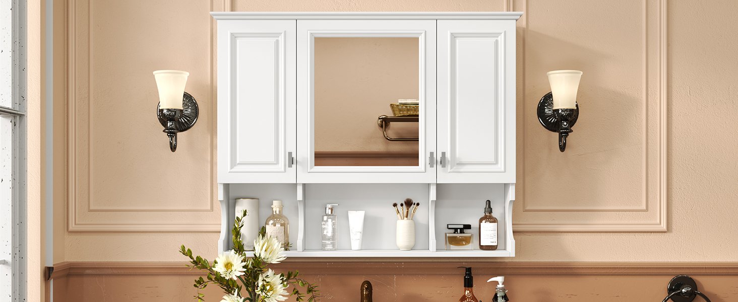 Wall Mounted Bathroom Medicine Cabinet, Modern Bathroom Wall Cabinet With Mirror, Mirror Cabinet With Open Shelves - White - Image 26