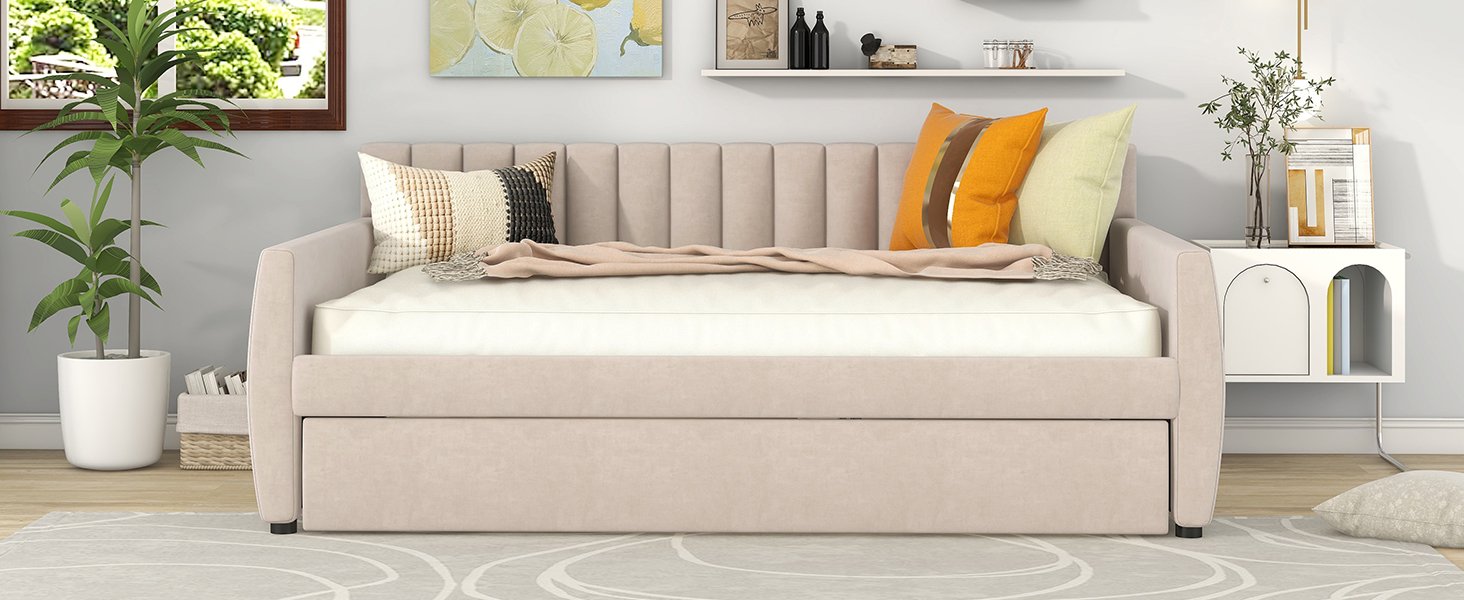 Full Size Upholstered Daybed With Trundle And Slat Support - Beige - Image 14