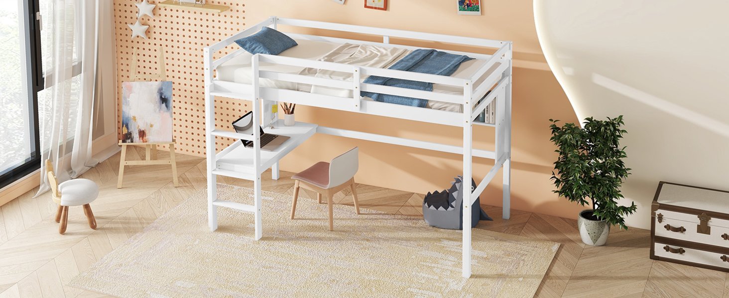 Twin Size Loft Bed With Desk And Shelves, Safety Guardrail And Ladder - White - Image 12