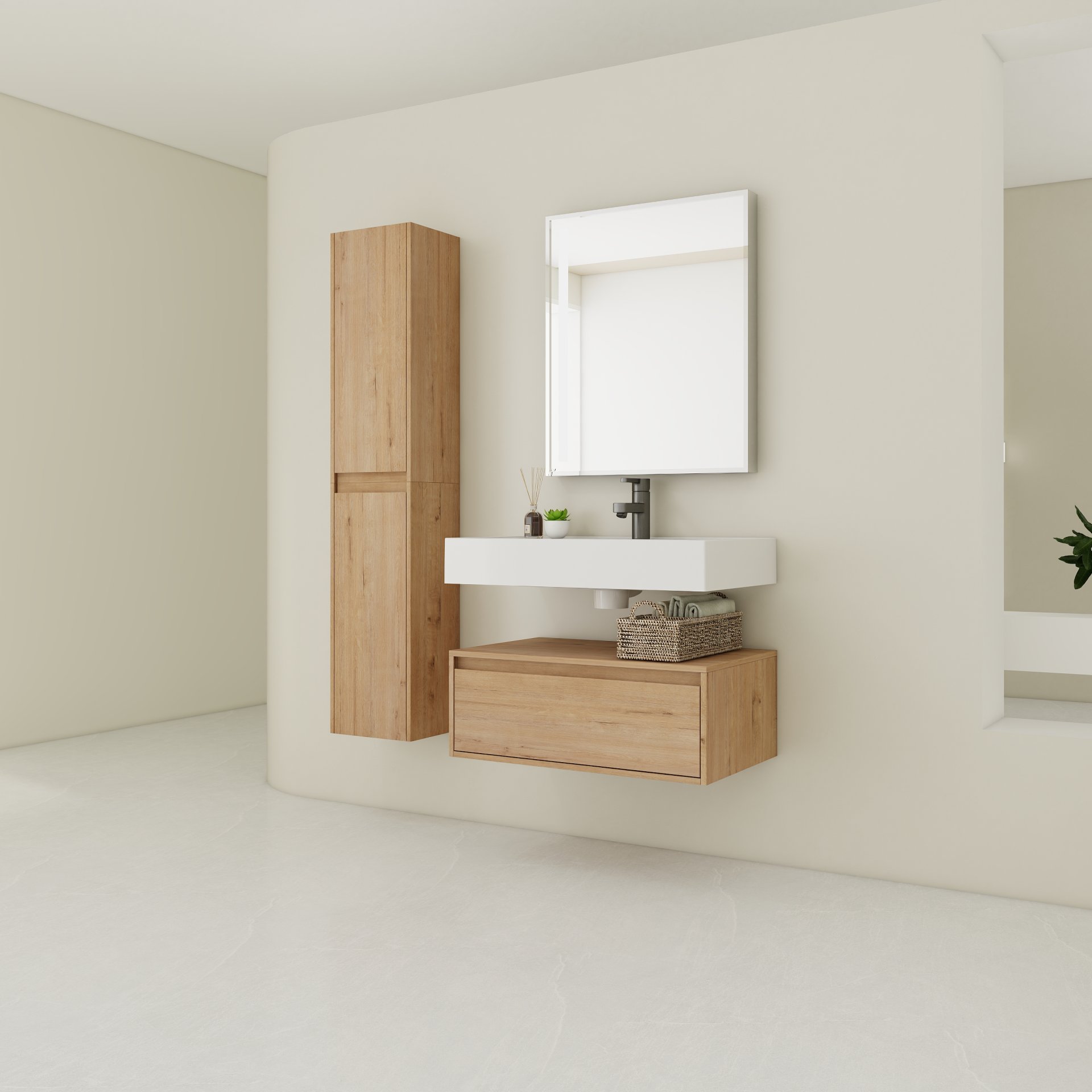 Modern Wall Mounted 30 Inch Bathroom Vanity With Resin Sink And 2 Side Cabinet In Imitative - Imitative Oak - Image 2