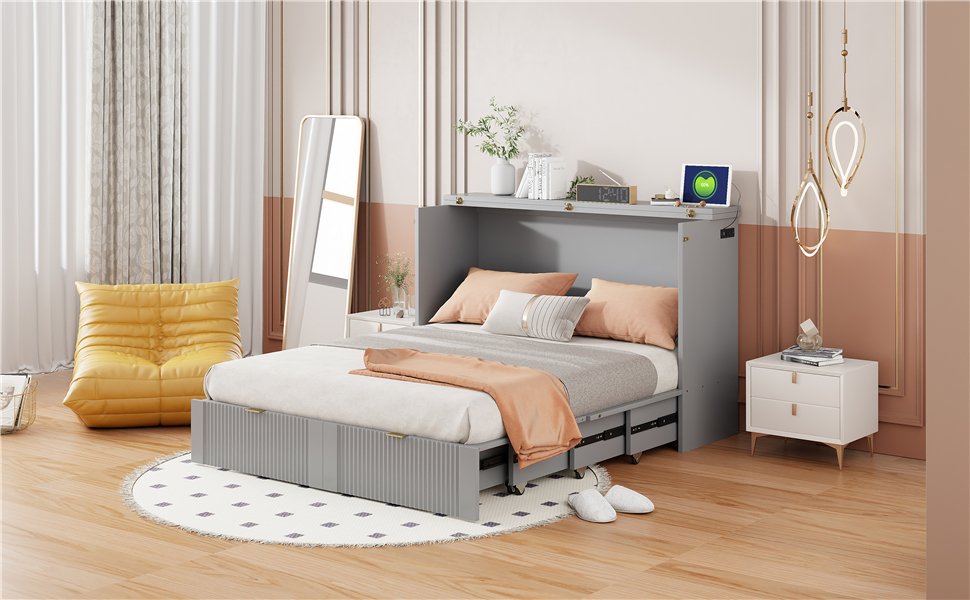 Full Size Murphy Bed With Drawer And A Set Of Sockets & USB Ports, Pulley Structure Design - Gray - Image 23