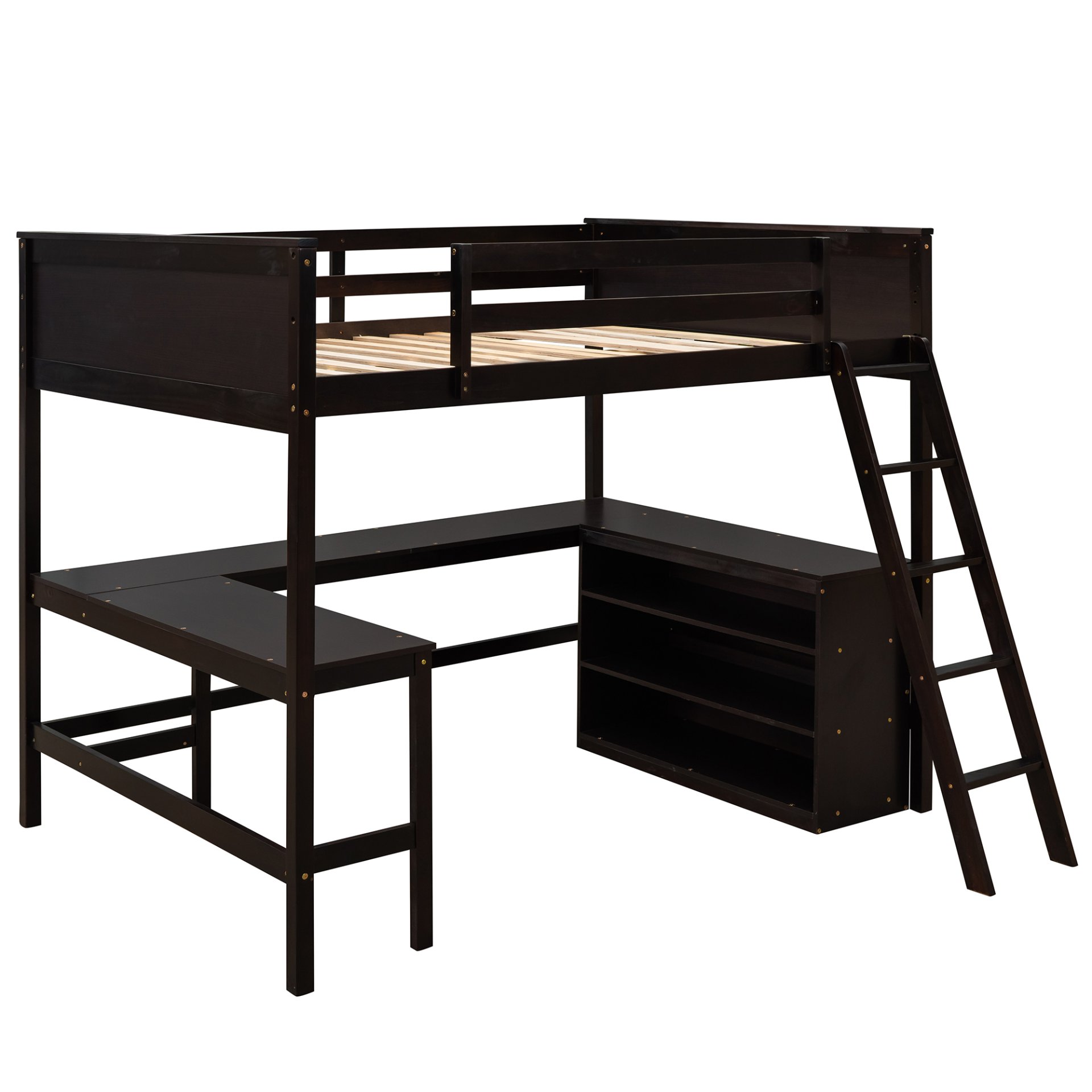 Full Size Loft Bed With Shelves With Desk - Espresso - Image 9