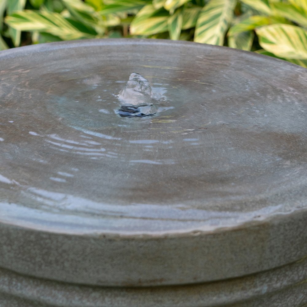 Tall Large Modern Cylinder Ribbed Tower Water Fountain With Rustic Base, Contemporary Antique Green Copper Outdoor Bird Feeder / Bath Cement Fountain - Antique Green - Image 7