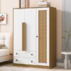 3 Doors Rattan Wardrobe Storage For Bedroom, With 2 Drawers - White / Nature - Image 10