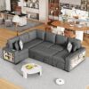 U-Shaped Sectional Sofa Pull-Out Sofa Bed With Two USB Ports, A Storage Chaise Lounge And Four Back Pillows For Living Room - Gray - Image 4