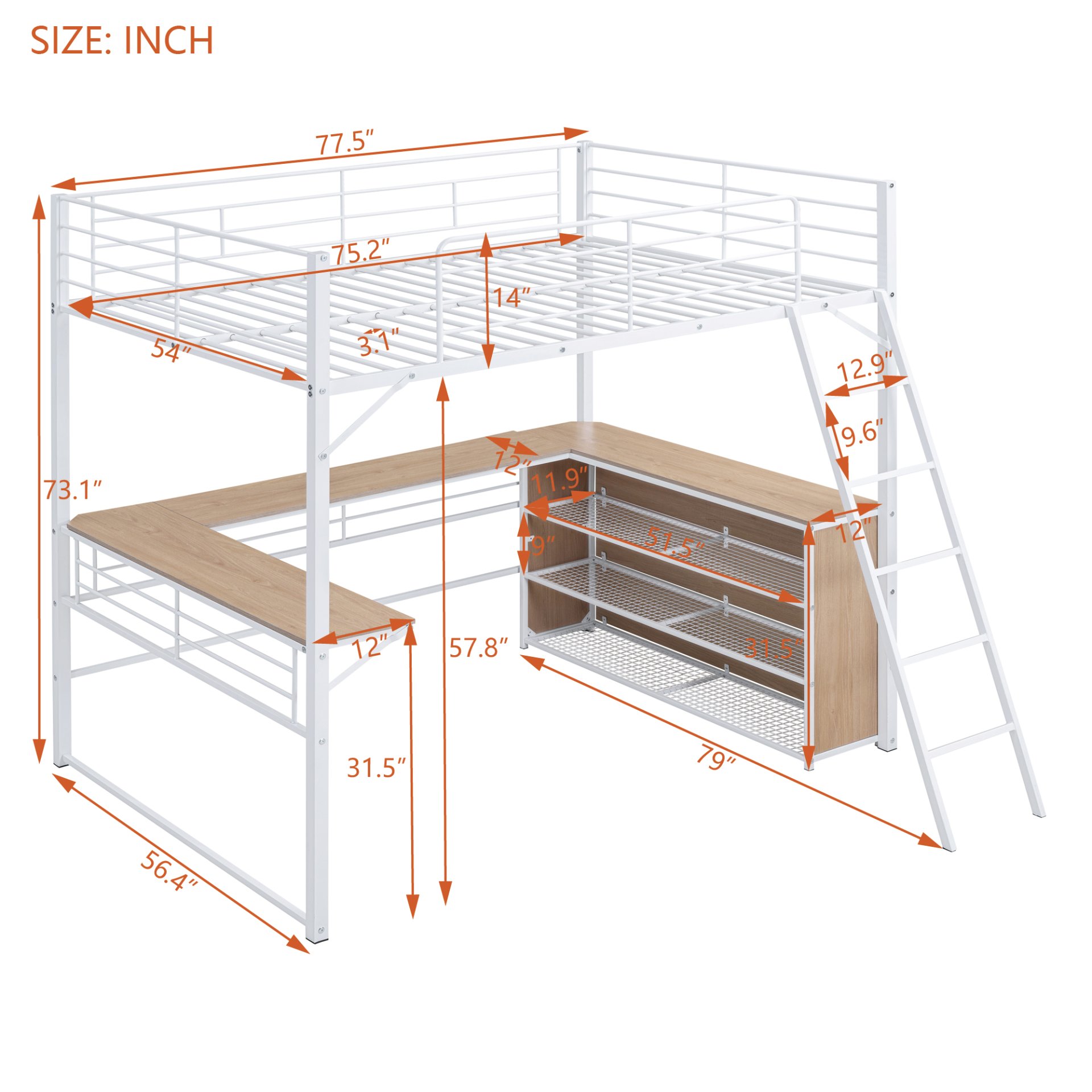 Full Size Loft Bed With 3 Layers Of Shelves And L-Shaped Desk - White - Image 6