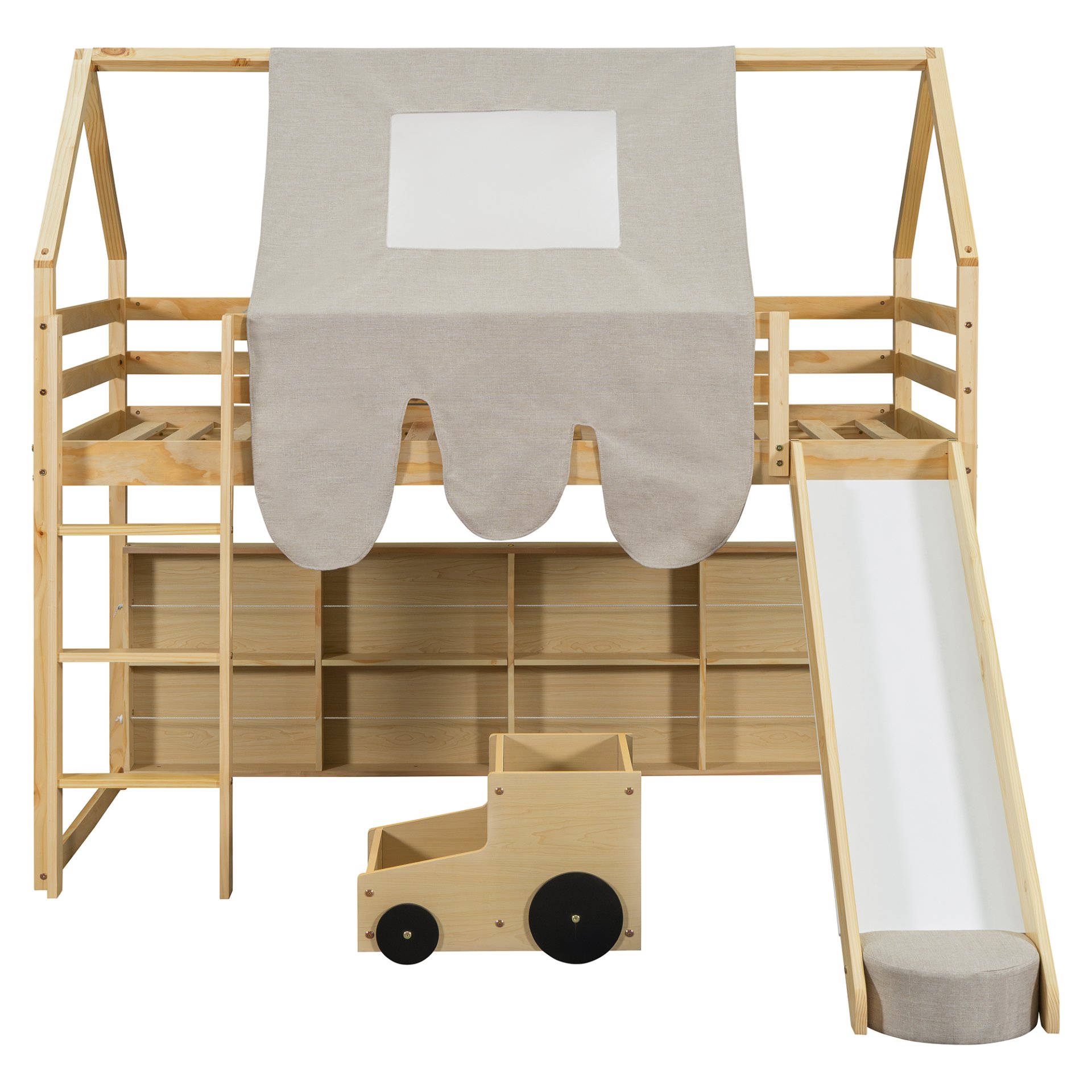 Twin Size Loft Bed With House Shaped Frame And Tent - Natural / Beige - Image 9
