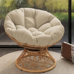 Ergonomic Wicker Chair With Cloud Thick Density Cushion, 3 Proof Cover High Capacity Iron Frame Fluid 360° Swivel - Beige / Natural