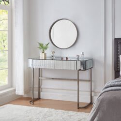 Mirrored Makeup Vanity Table With Stainless Steel Base, Mirrored Console Dressing Table With 2 Drawers, Versatile Desk For Bedroom And Office - Silver