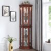 Corner Curio Cabinet With Lights, Adjustable Tempered Glass Shelves, Mirrored Back, Display Cabinet (E26 Light Bulb Not Included) - Light Walnut - Image 16