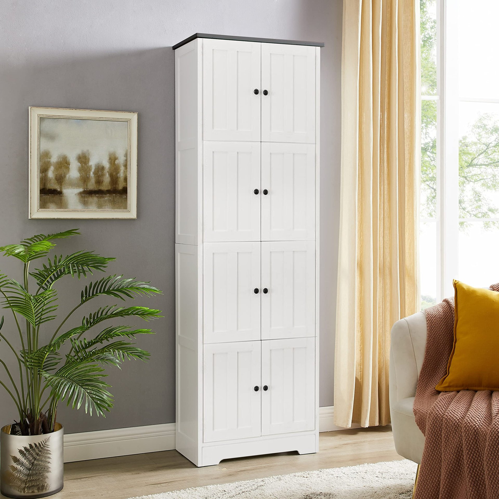 Tall Storage Cabinet With 8 Doors And 4 Shelves, Wall Storage Cabinet For Living Room, Kitchen, Office, Bedroom, Bathroom - White - Image 6