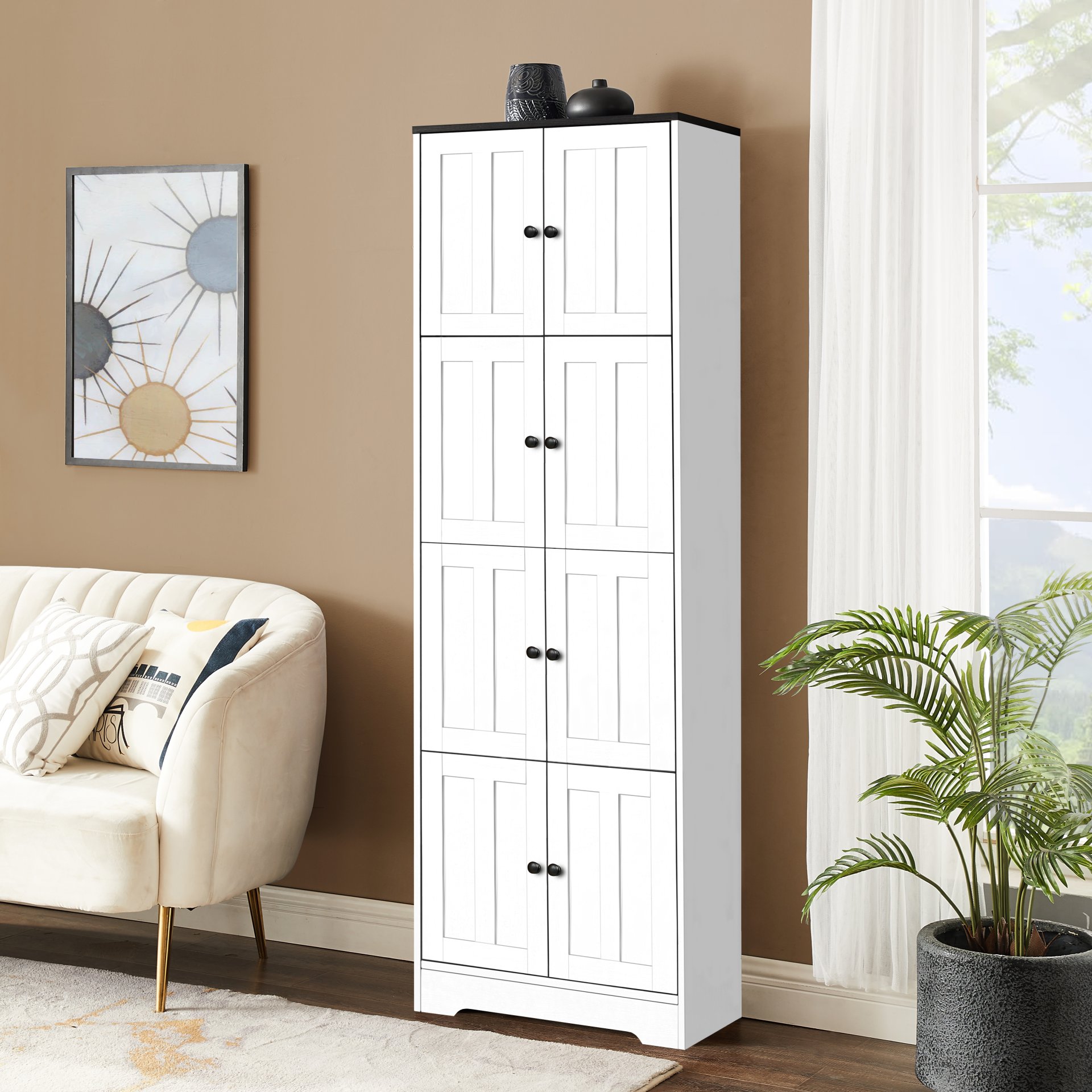 Tall Storage Cabinet With 8 Doors And 4 Shelves, Wall Storage Cabinet For Living Room, Kitchen, Office, Bedroom, Bathroom - White - Image 2