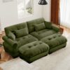 Modern Over Size Velvet 2 Seater Sofa With Ottoman Round Bolster Armrests Waist & Throw Pillows - Olive Green - Image 7
