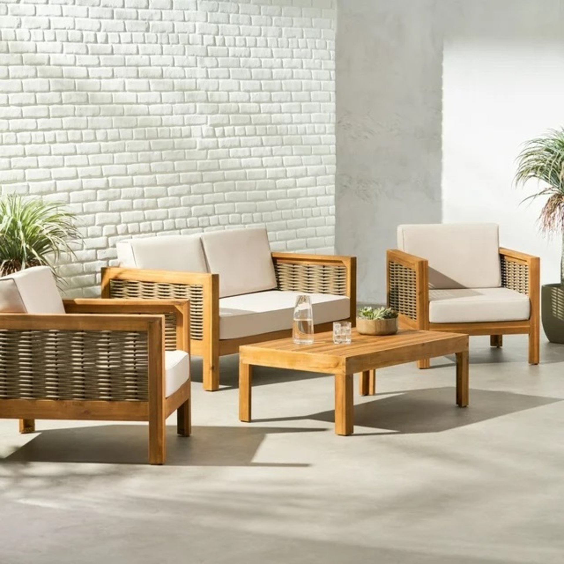 Outdoor 4 Seater Acacia Wood Chat Set With Wicker Accents And Cushions - Teak / Mixed Brown / Beige - Image 5