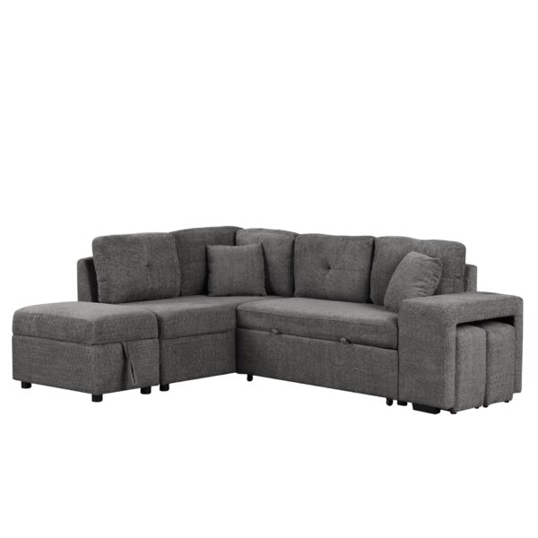 Convertible Sleeper, Sectional Pull Out Sofa Bed With Storage Ottoman, 2 Throw Pillows, 2 Stools, Wireless Charger And Two Hidden USB Ports For Living Room - Dark Gray
