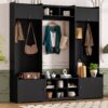 Wide Hall Tree With Shoe Storage, 4 In 1 Entryway Bench With 8 Cubbies, 7 Coat Hooks & Adjustable Shelf For Hallway - Black - Image 5