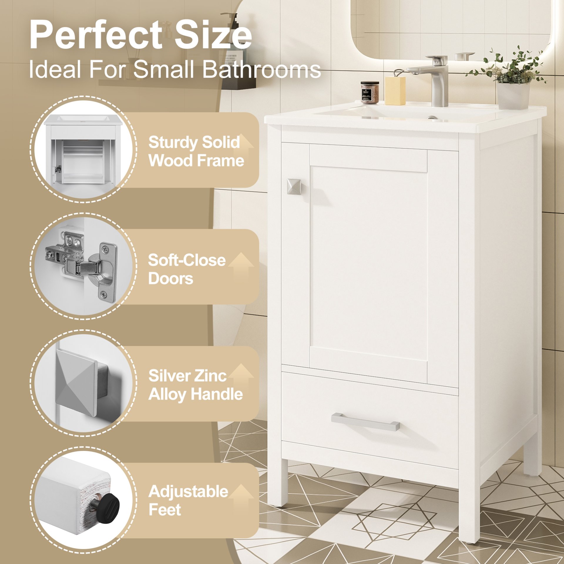 20" Bathroom Vanity With Sink, Soft Close Drawers, Door Organizer, Divider Drawer, Adjustable Foot Pads - White - Image 6