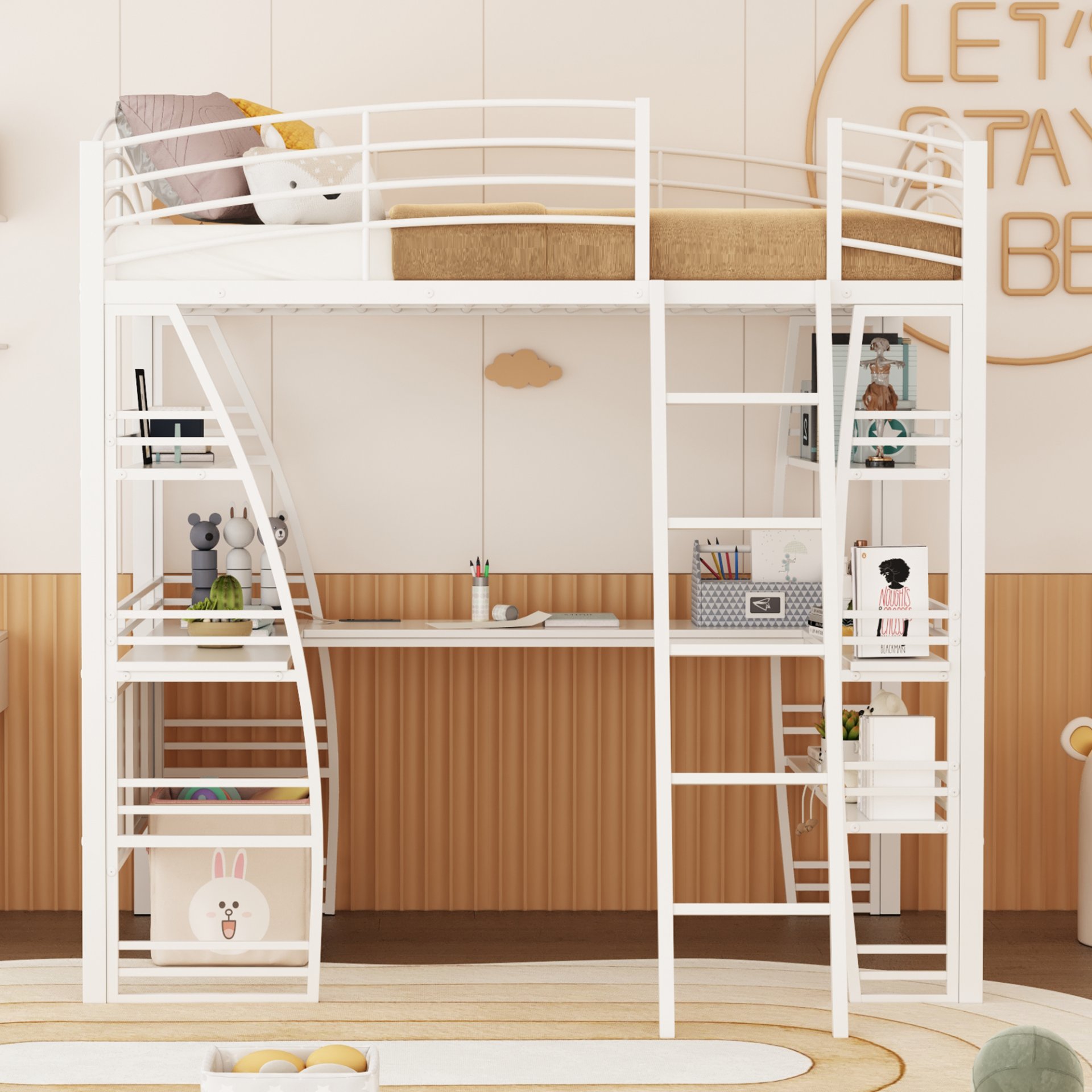 Full Size Loft Bed With 4 Layers Of Shelves And L-Shaped Desk, Stylish Frame With A Set Of Sockets, USB Ports And And Wireless Charging - White - Image 2