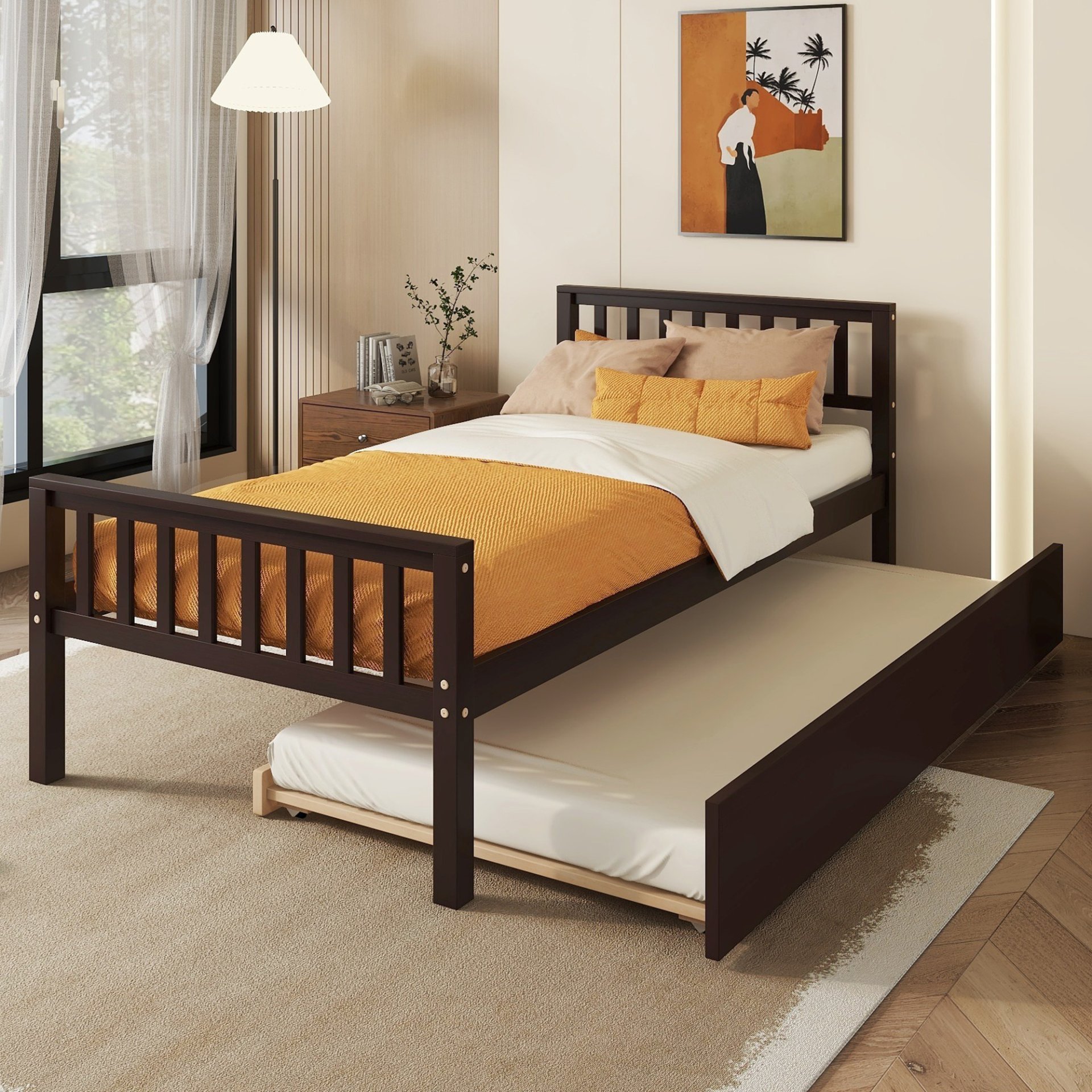 Twin Bed With Trundle, Platform Bed Frame With Headboard And Footboard, For Bedroom Small Living Space, No Box Spring Needed - Espresso - Image 2