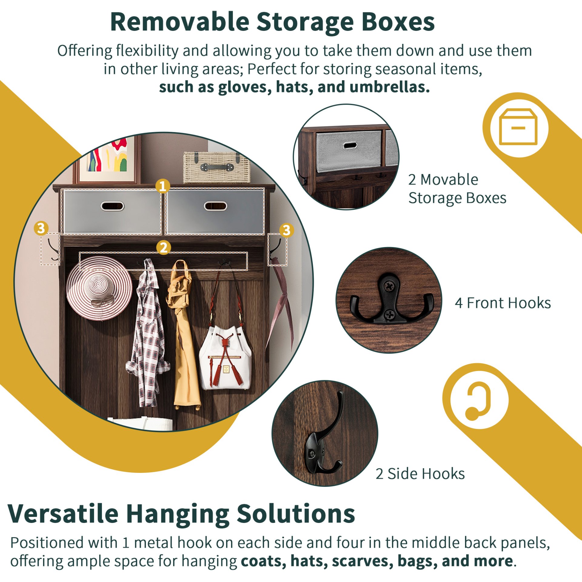 Hall Tree With 6 Hooks And Hinged Lid, Coat Hanger, Entryway Bench, Storage Bench, 3 In 1 Design, For Entrance, Hallway - Brown - Image 6