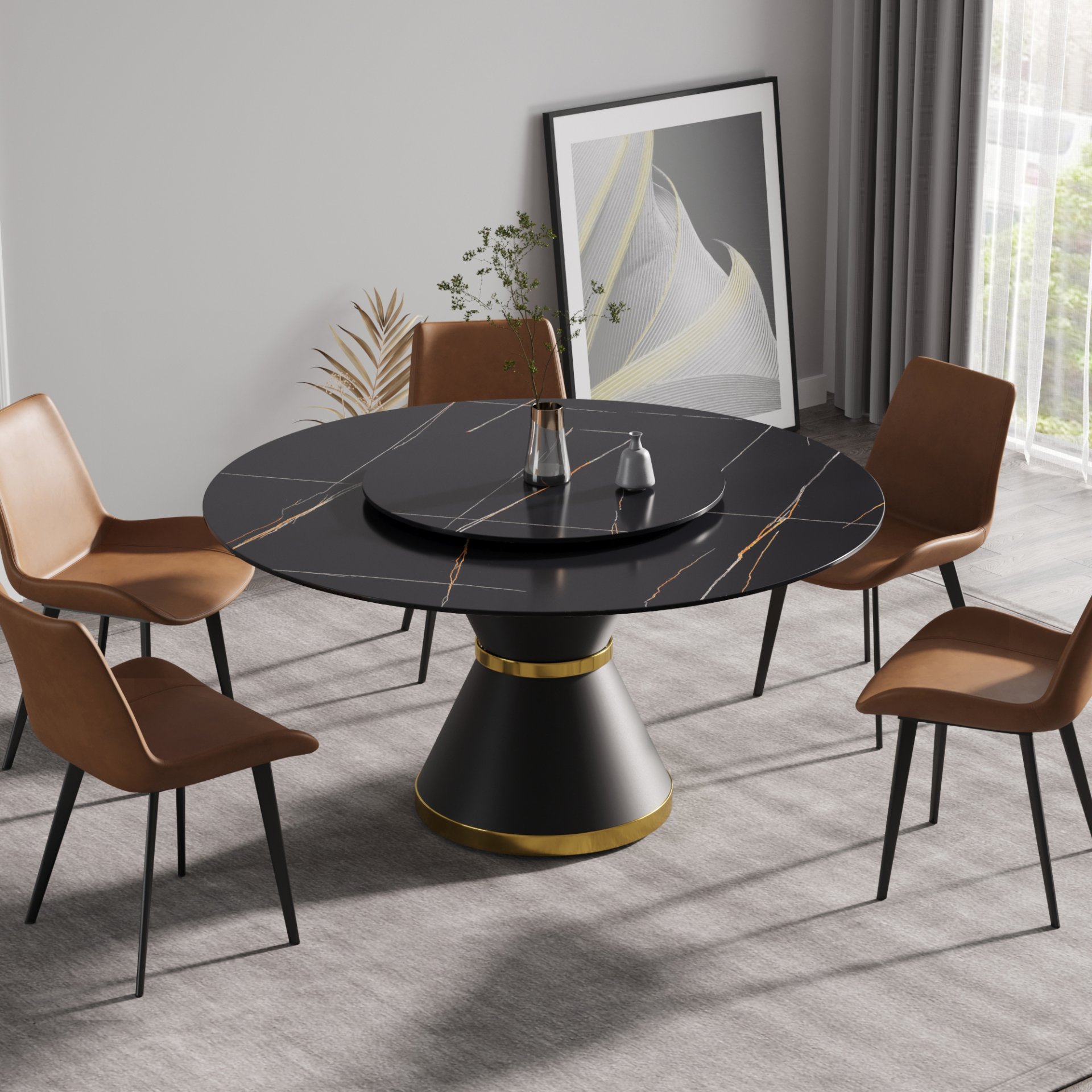 Modern Artificial Stone Round Carbon Steel Base Dining Table, Can Accommodate 6 People Artificial Stone Turntable - Black - Image 2