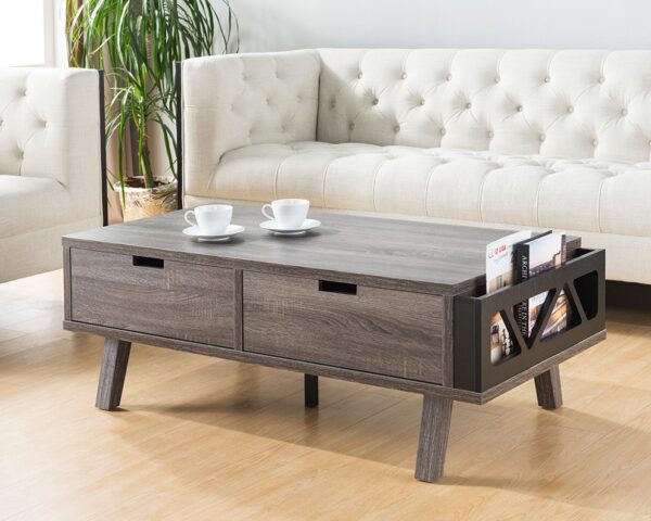 Antique Wooden Livingroom Coffee Table With Two Storage Drawers - Distressed Gray / Black