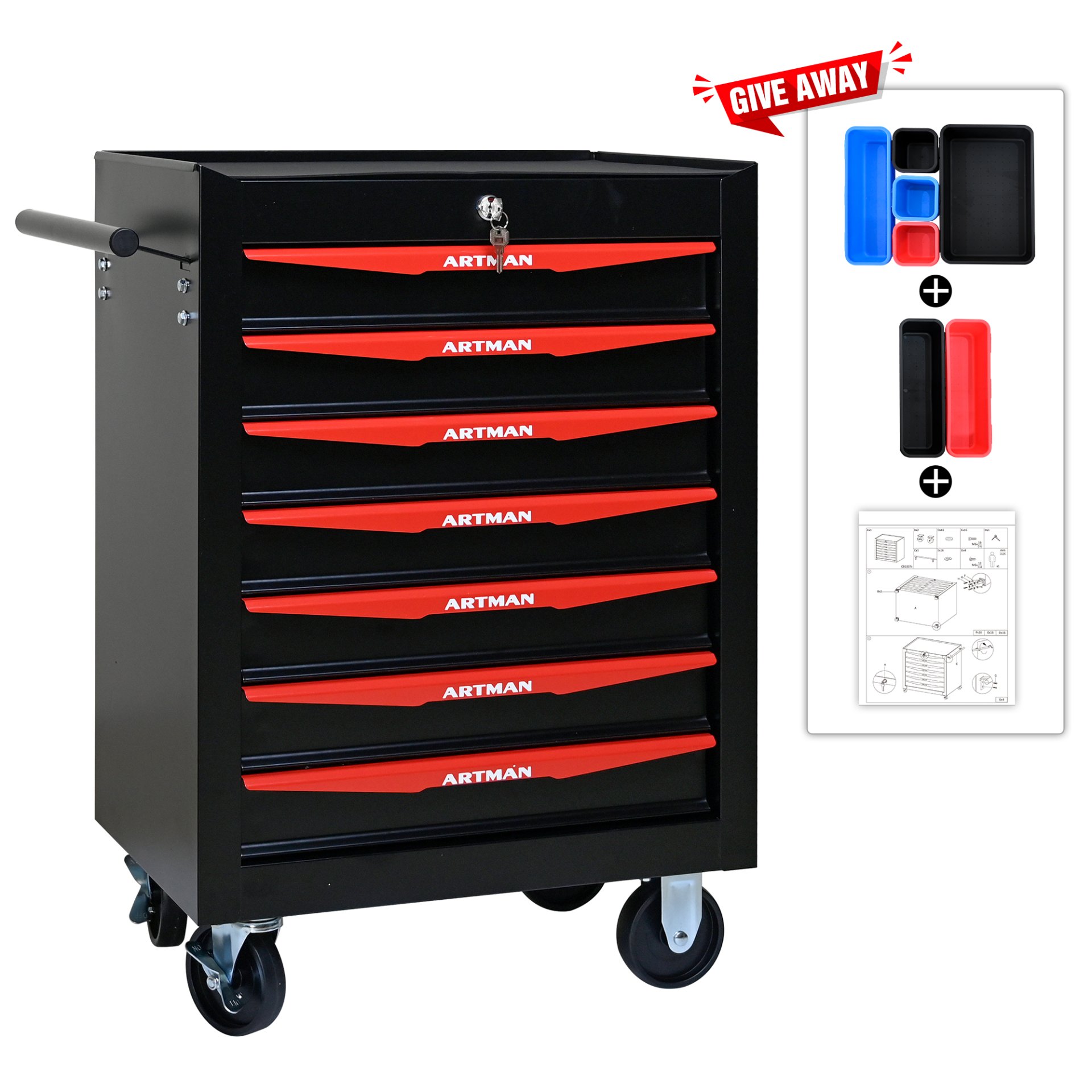 Rolling Metal Tool Chest With 7 Drawers, Steel Storage Cabinet With Ball Bearing Slides - Black / Red - Image 5
